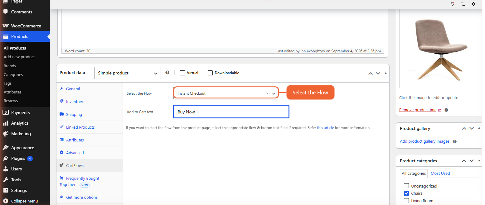 The CartFlows tab on a WooCommerce product's Product data panel, showing the Select the Flow field set to a funnel