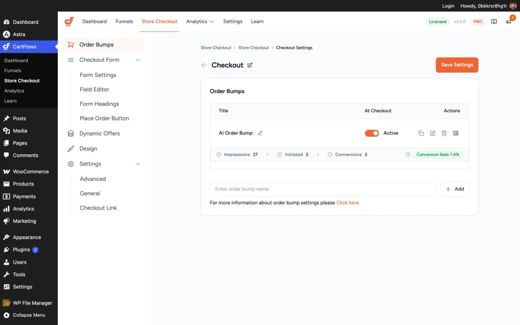 CartFlows Store Checkout step editor with the Checkout Form, Design and Settings sections in the sidebar