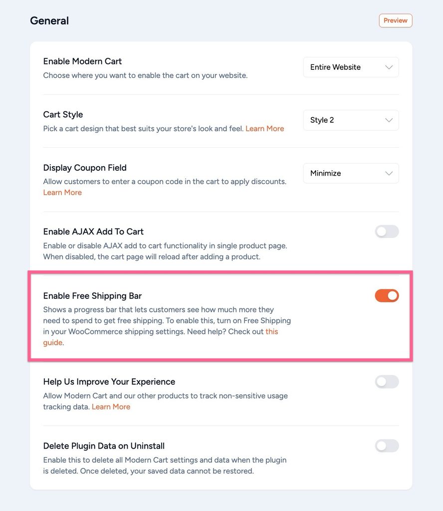 WooCommerce Free Shipping Bar: Setup and Threshold Guide enabling the free shipping bar in modern cart general settings