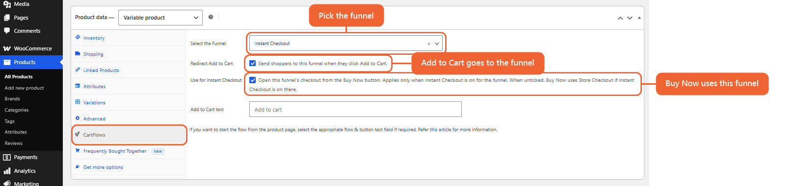 Instant Checkout: Store Checkout vs. Assigning a Funnel to a Product The CartFlows tab in the Product data section, with a funnel chosen in Select the Funnel and the Redirect Add to Cart and Use for Instant Checkout checkboxes