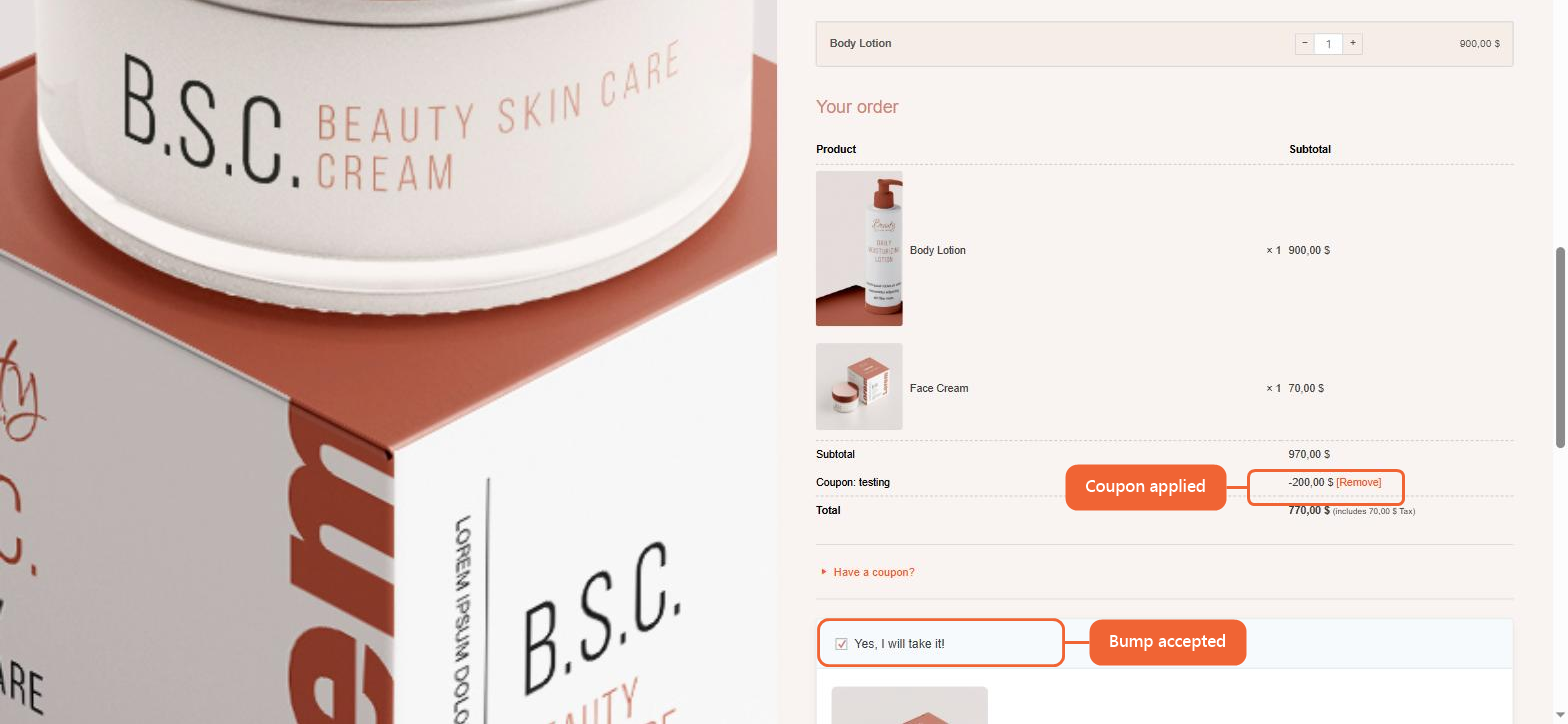 Checkout order summary after the order bump is accepted, showing the coupon applied and the total updated