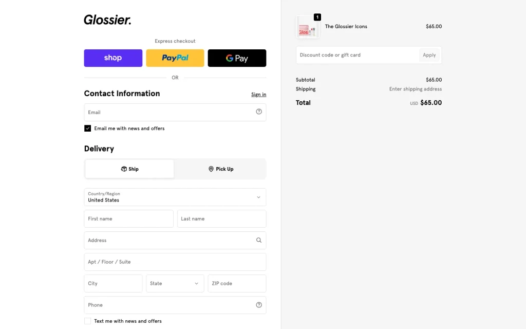 checkout like shopify lite shopify glossier desktop