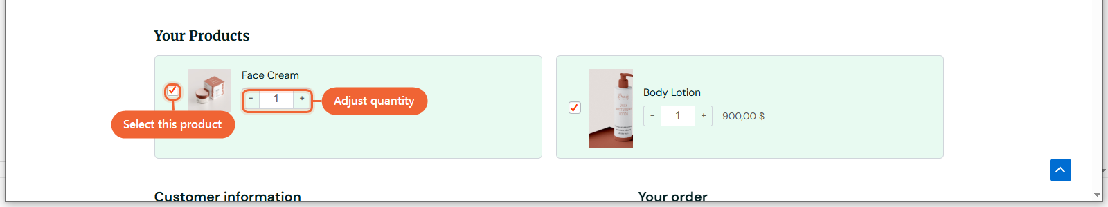 The Your Products section on the live checkout page, showing each product as a card with its image, name, a quantity stepper, and price
