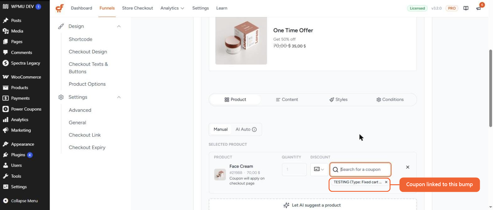 The coupon field after searching and selecting a coupon, shown as a chip below the search box