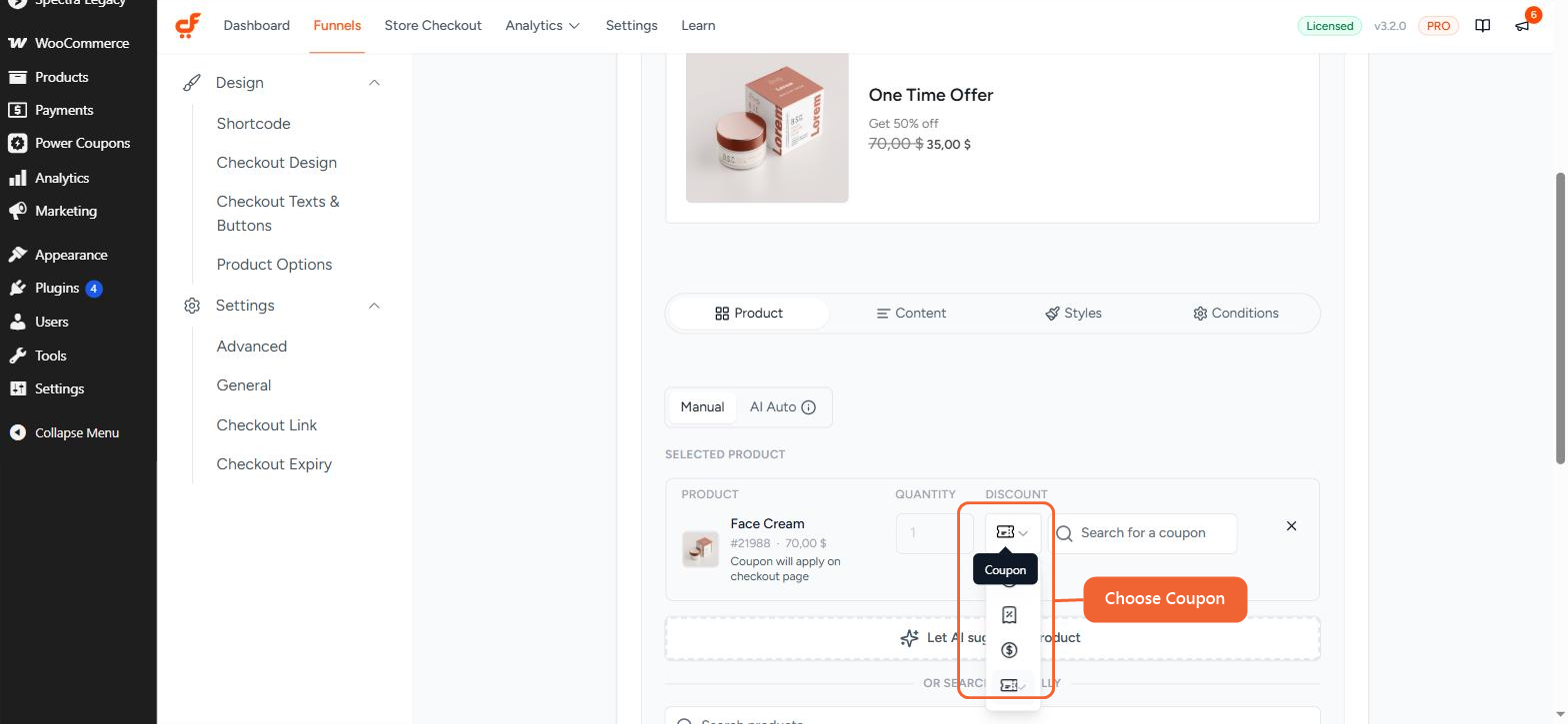 The order bump's product row, showing the Discount Type dropdown open with Coupon highlighted among Original, Percentage, and Price
