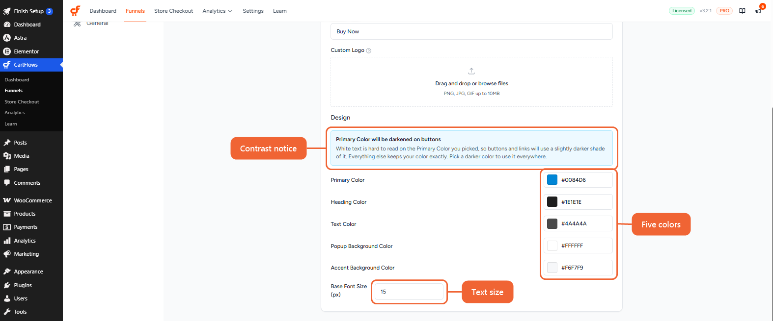 The Design section with the contrast notice, five color pickers and Base Font Size