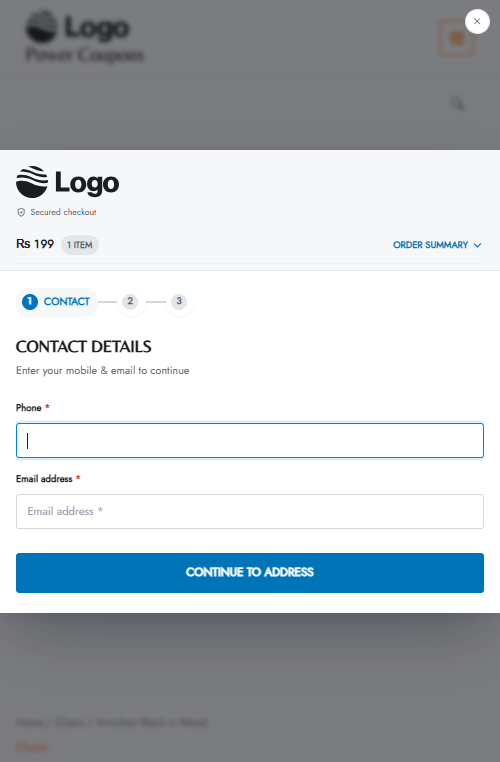 The Two Pane popup on a phone-sized screen, with the order total above the form