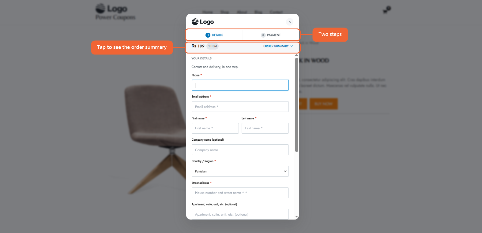 The QuickBuy popup on a product page, with the Details and Payment steps and the order total strip