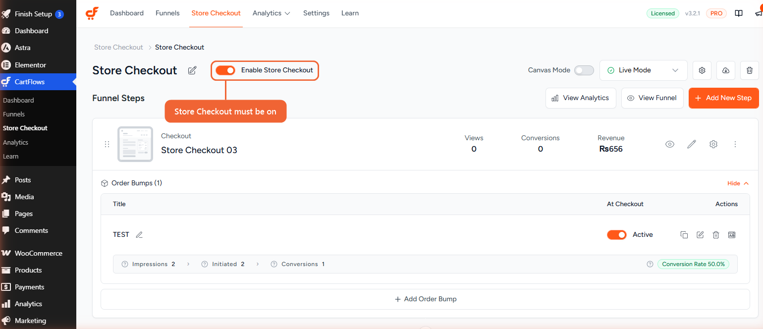 Instant Checkout: Store Checkout vs. Assigning a Funnel to a Product The Store Checkout page with the Enable Store Checkout toggle turned on