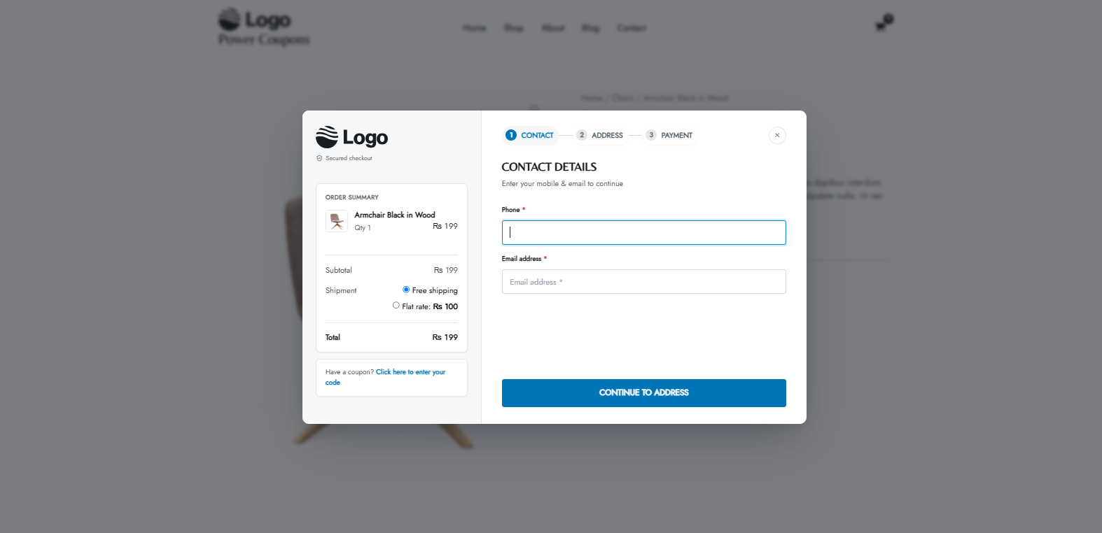 The Instant Checkout popup opened from the Buy Now button on a product page