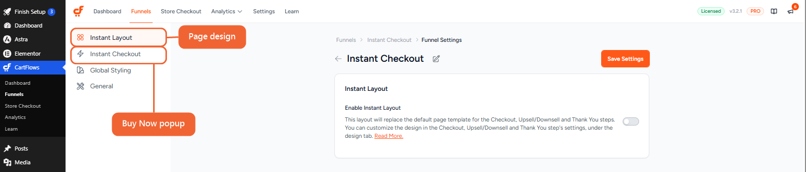The funnel settings sidebar showing the Instant Layout and Instant Checkout tabs next to each other