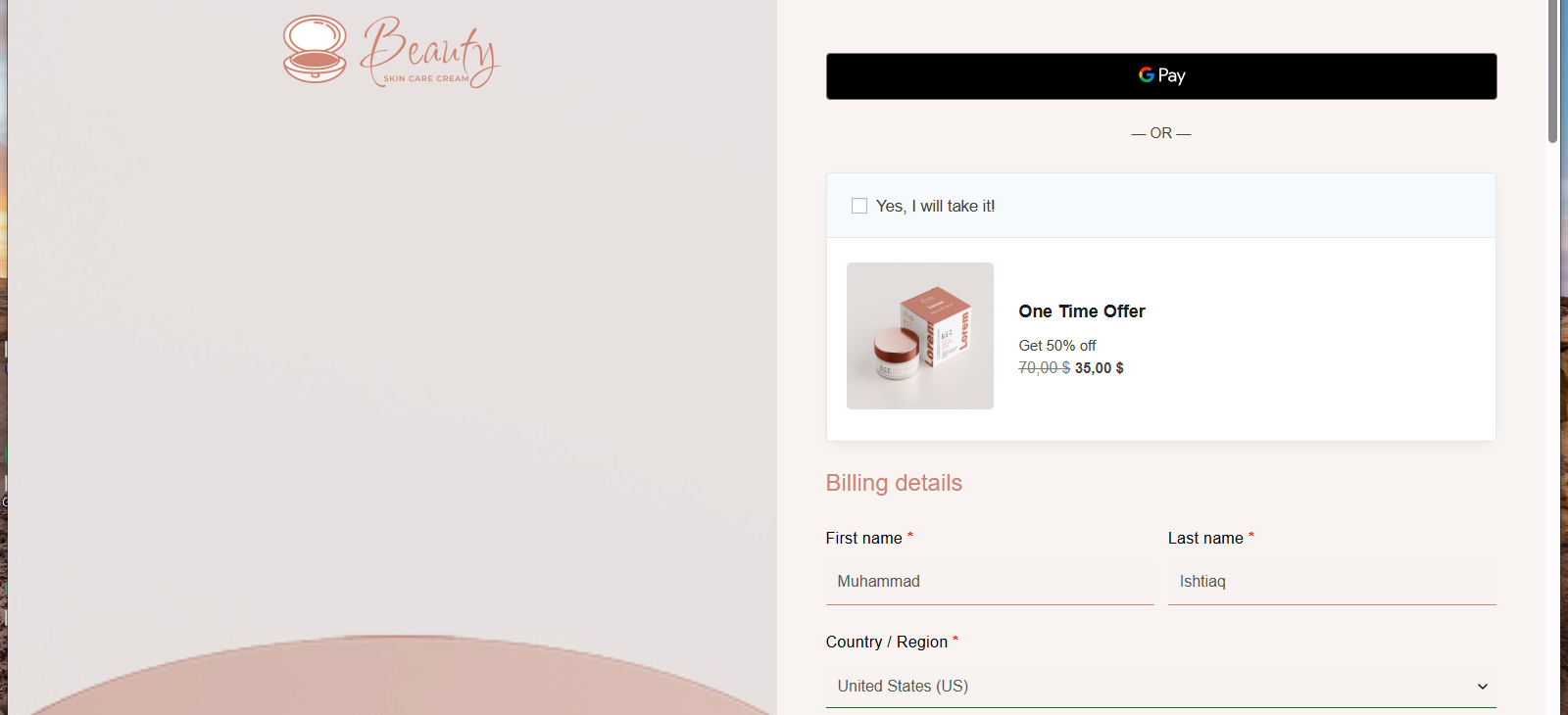 Order Bump in the Before Checkout position, appearing above the billing details form on the live checkout page