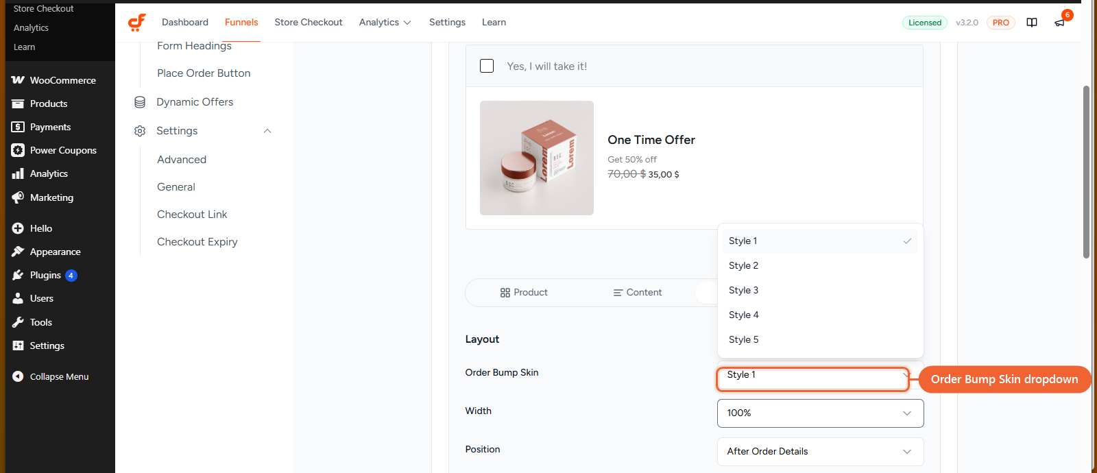 Order Bump Skin dropdown open, showing Style 1 through Style 5