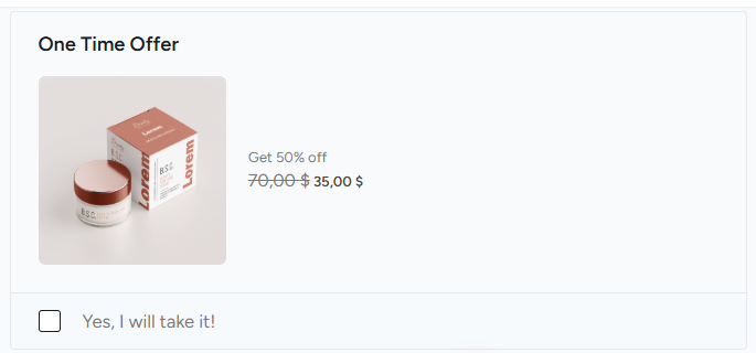 Order Bump Style 2, showing the title at the top, the image and price in the middle, and the checkbox at the bottom