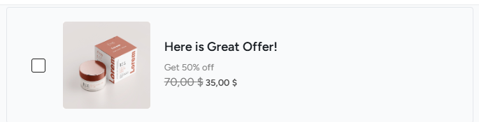 Order Bump Style 3, showing the checkbox, image, title, and price arranged in one compact row