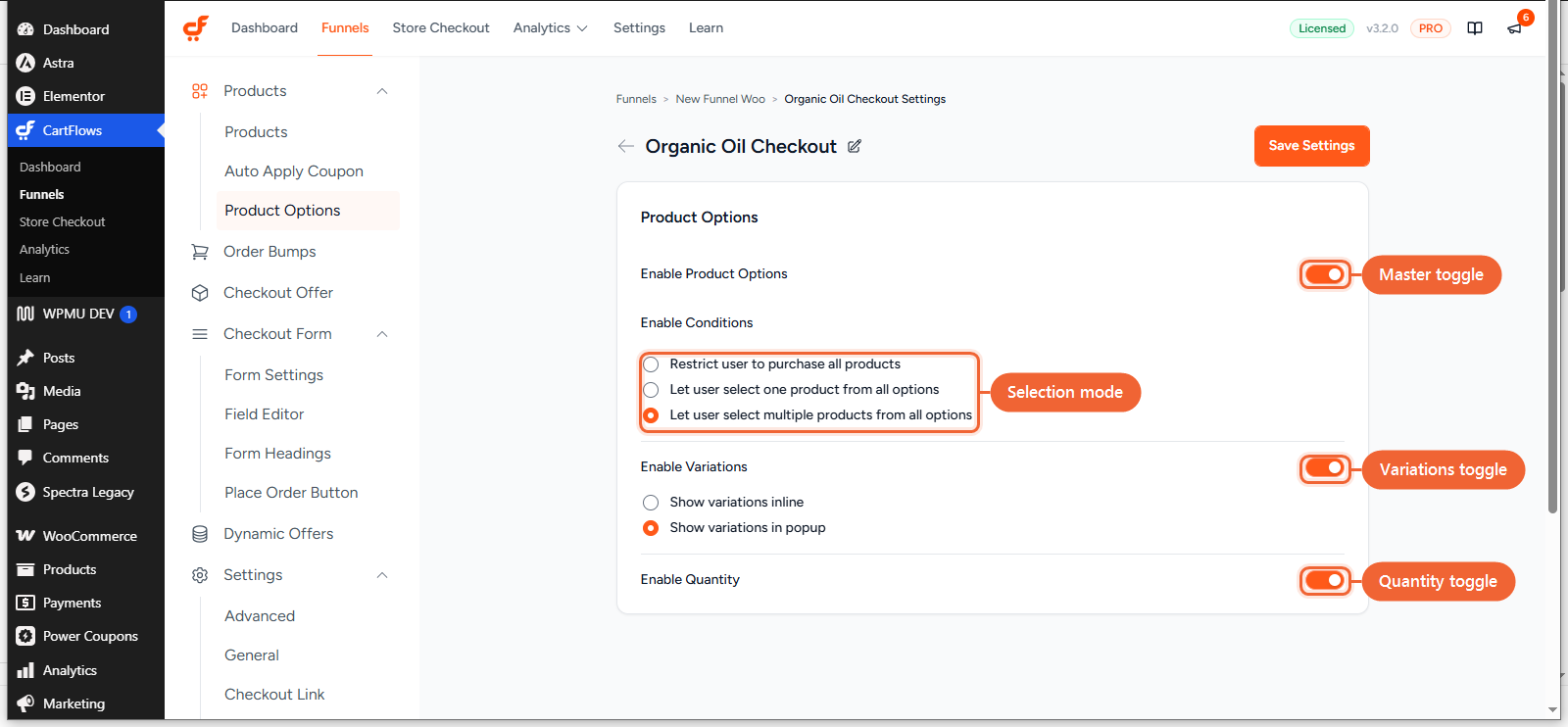 The Product Options panel showing Enable Product Options turned on, the Enable Conditions choices, Enable Variations with its inline/popup choice, and Enable Quantity