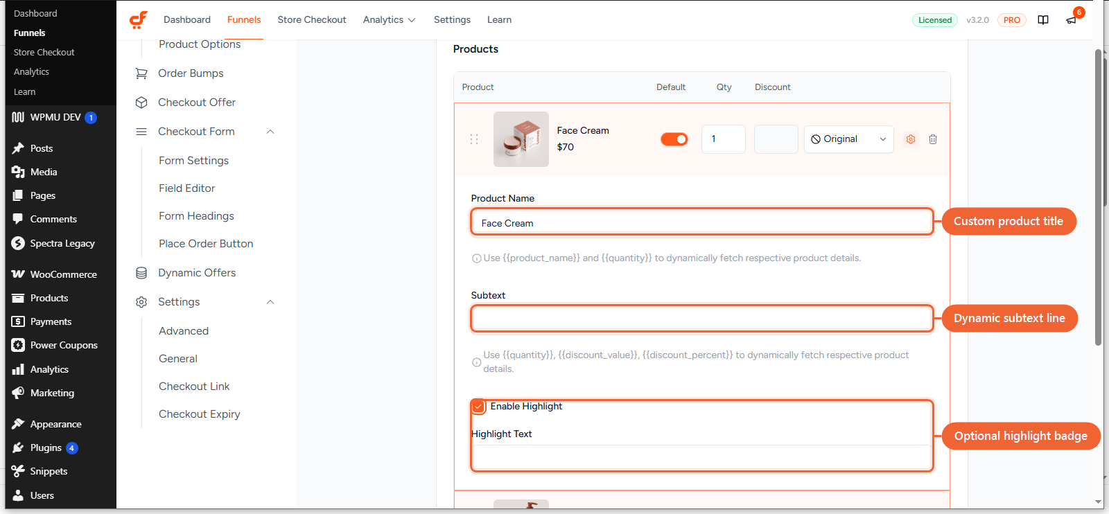 A product row's expanded settings showing Product Name, Subtext, Enable Highlight, and the Highlight Text field it reveals