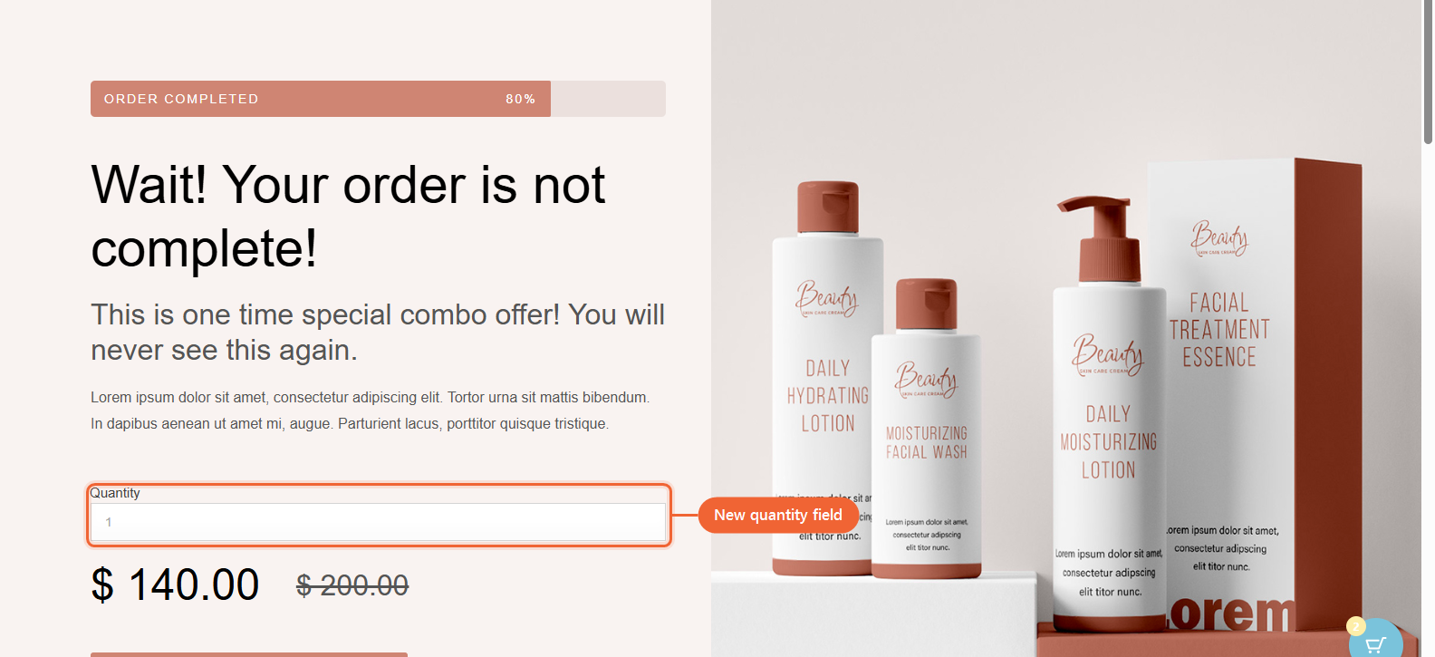 The live Upsell offer page showing the Quantity field placed above the price and Add to Order button