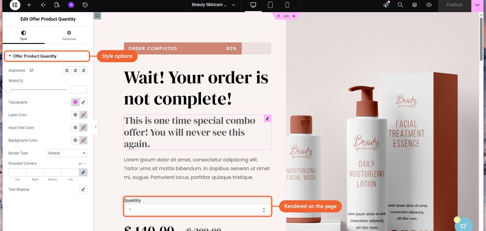 The Style tab for the Offer Product Quantity widget in Elementor, showing alignment, width, typography, and color options, with the field rendered live on the canvas