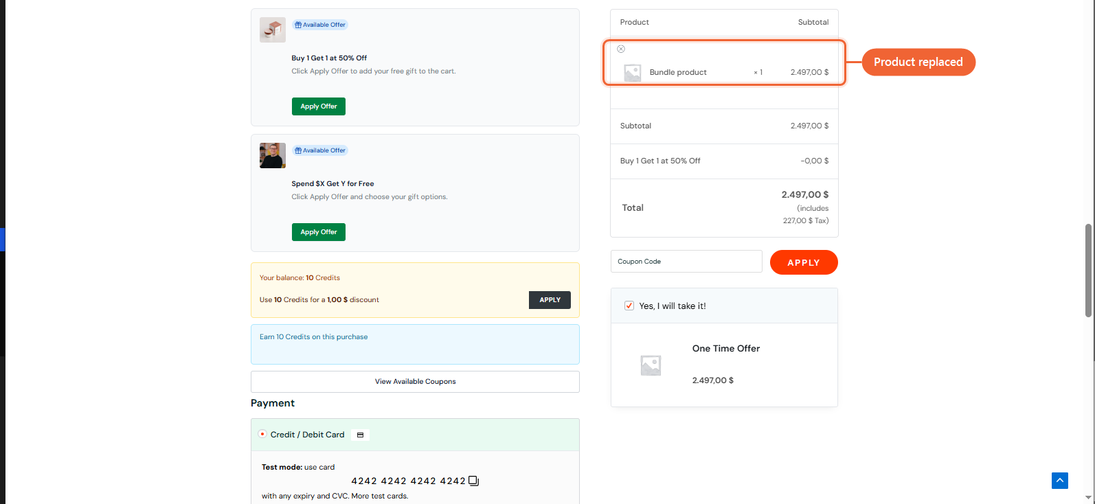 How to Replace First Product on the Checkout Page with Order Bump? The same checkout page immediately after the order bump checkbox is checked, showing the order summary now with the bump product in place of the original product and the updated total