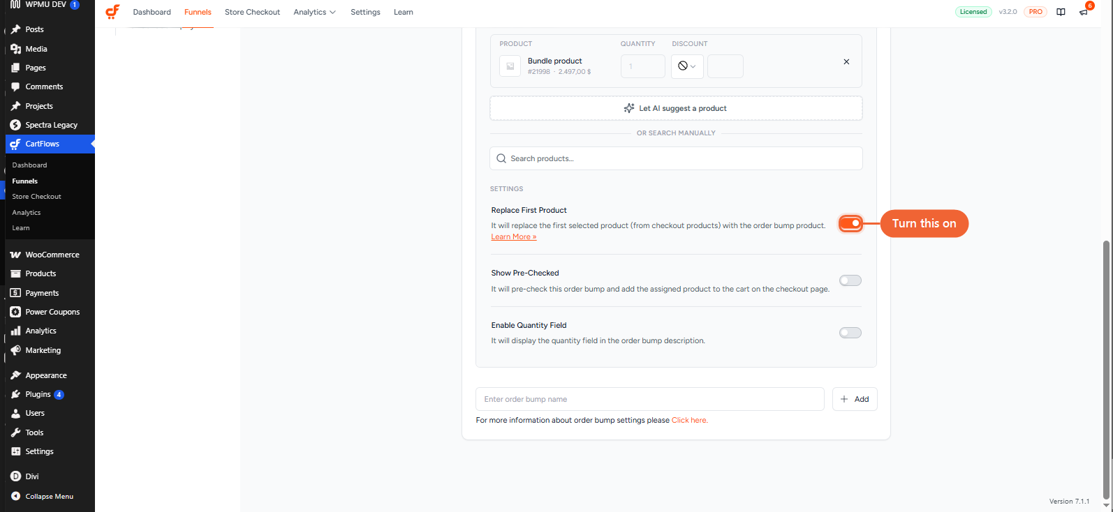 How to Replace First Product on the Checkout Page with Order Bump? The Order Bump's Product tab, scrolled to the Settings section, showing the Replace First Product toggle turned on