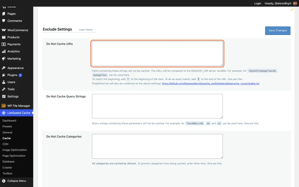 speed up checkout publish litespeed do not cache uris