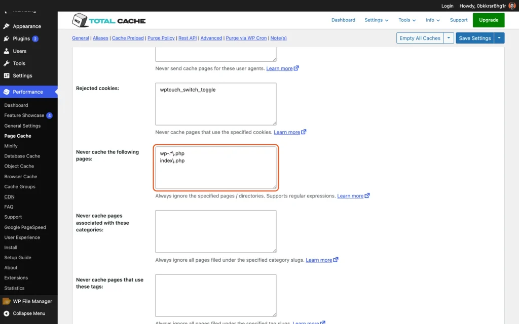 speed up checkout publish w3tc never cache pages