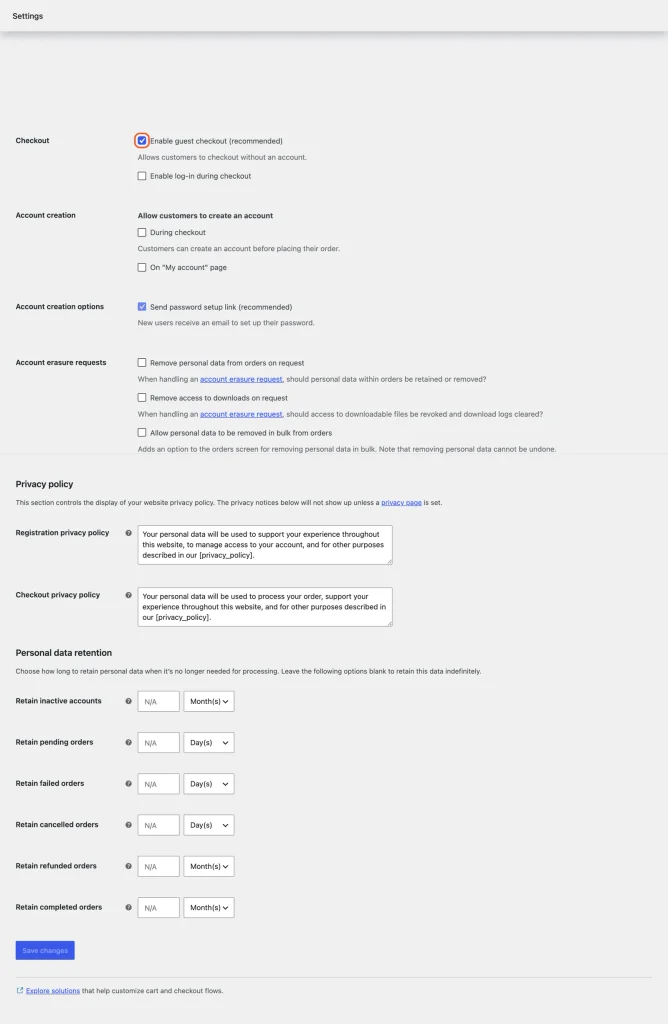 WooCommerce Accounts and Privacy settings with guest checkout option highlighted