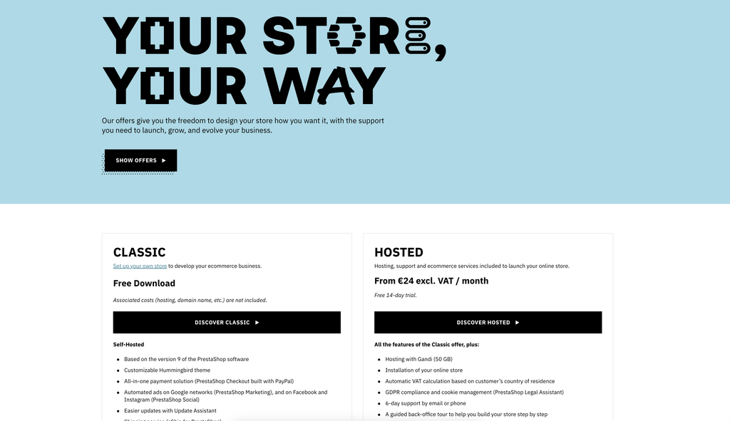 PrestaShop offers page comparing the free Classic download with the Hosted plan