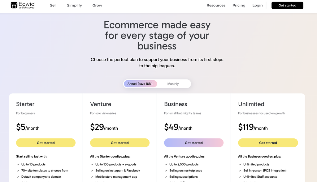Ecwid pricing page showing the Starter, Venture, Business and Unlimited plans
