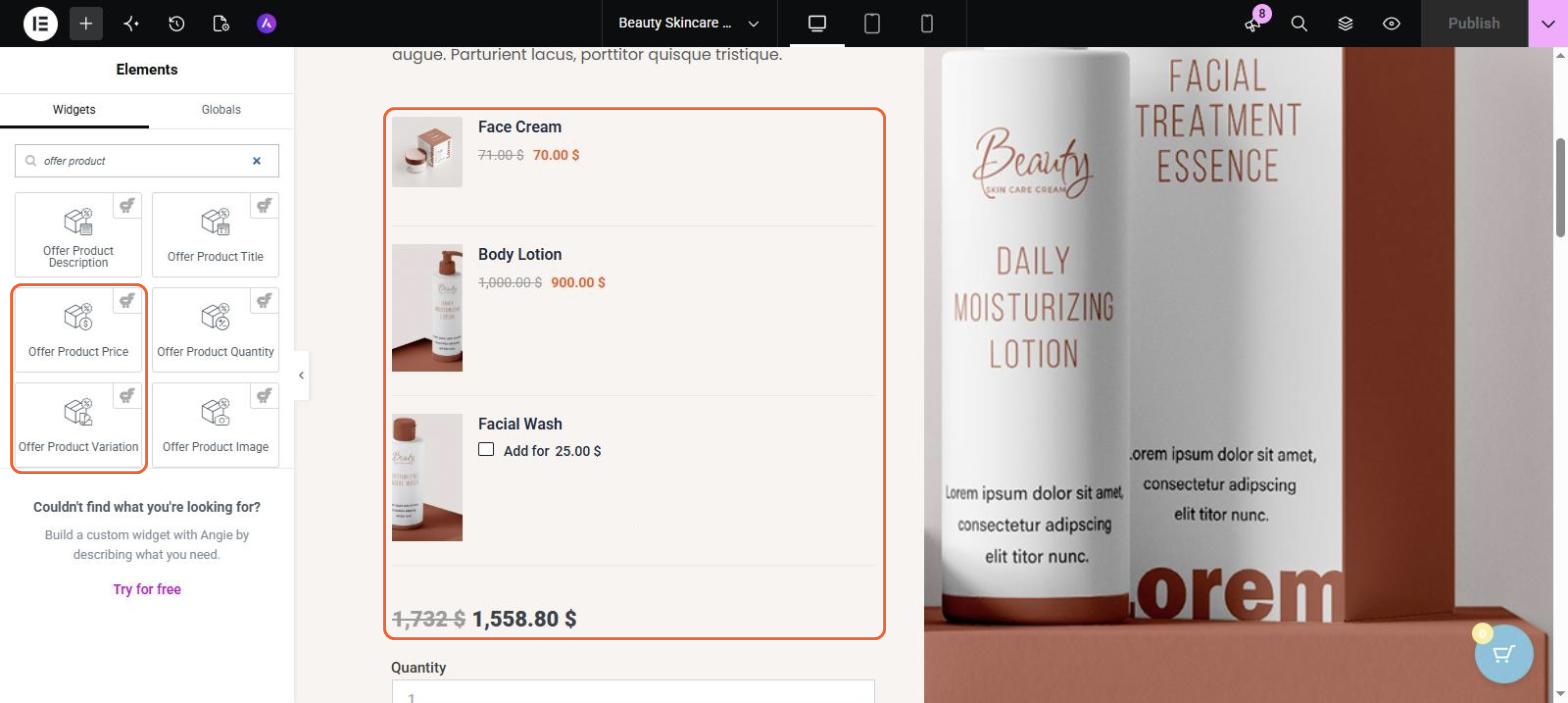 The Elementor editor with the Offer Product widgets listed in the panel, and the bundle products and offer price shown on the upsell page