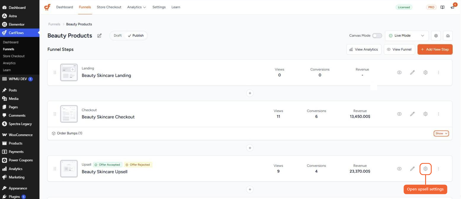 The funnel steps of a funnel with a Landing, Checkout, Upsell and Thank You step, with the settings icon on the Upsell step highlighted