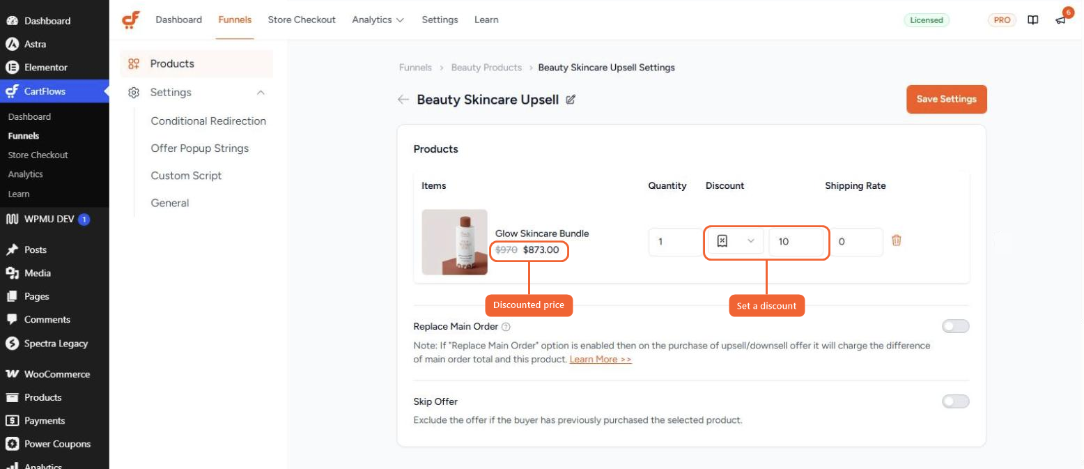 The Products section of the upsell step with Glow Skincare Bundle added and a 10 percent discount applied, showing the original and discounted price
