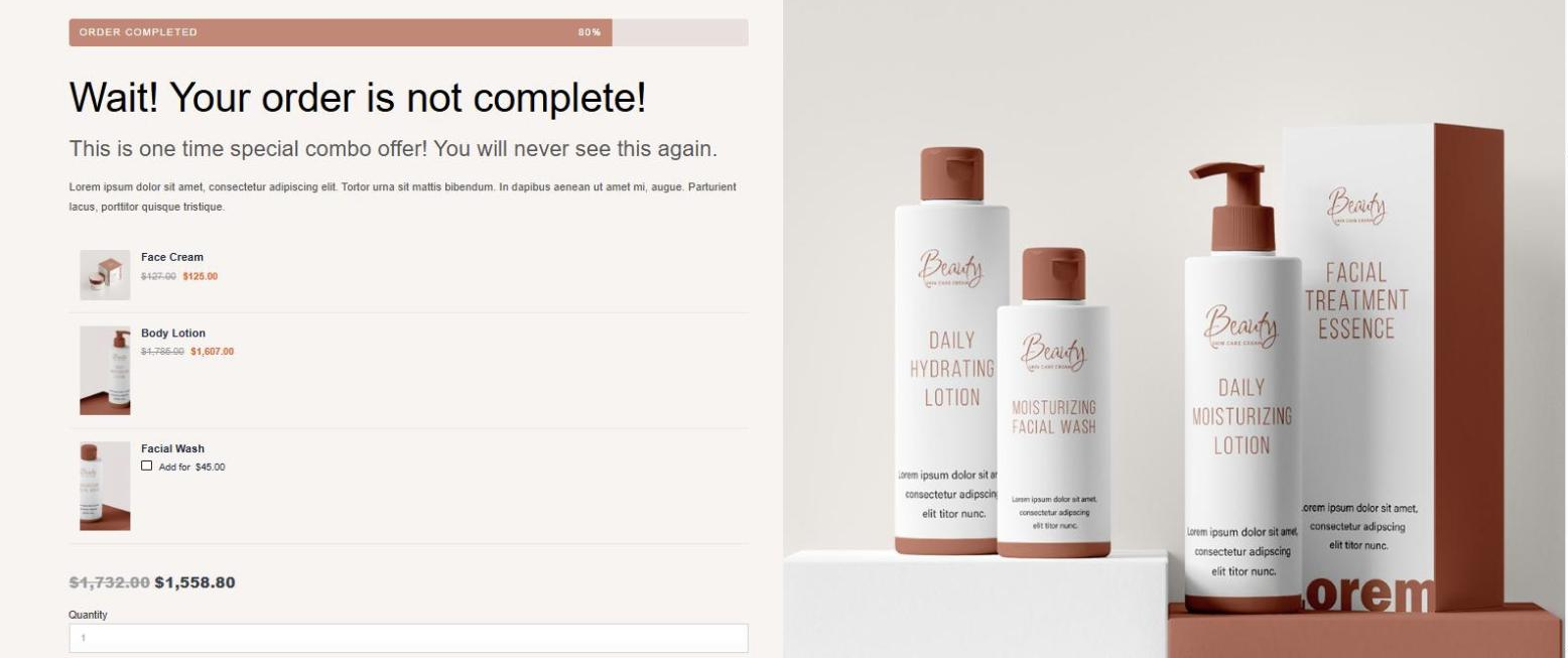 The upsell page showing Face Cream, Body Lotion and an optional Facial Wash, with the discounted bundle price below