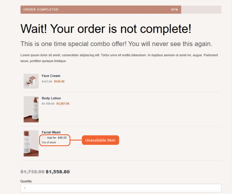 The bundle on the upsell page with Facial Wash marked as Out of stock and its checkbox turned off