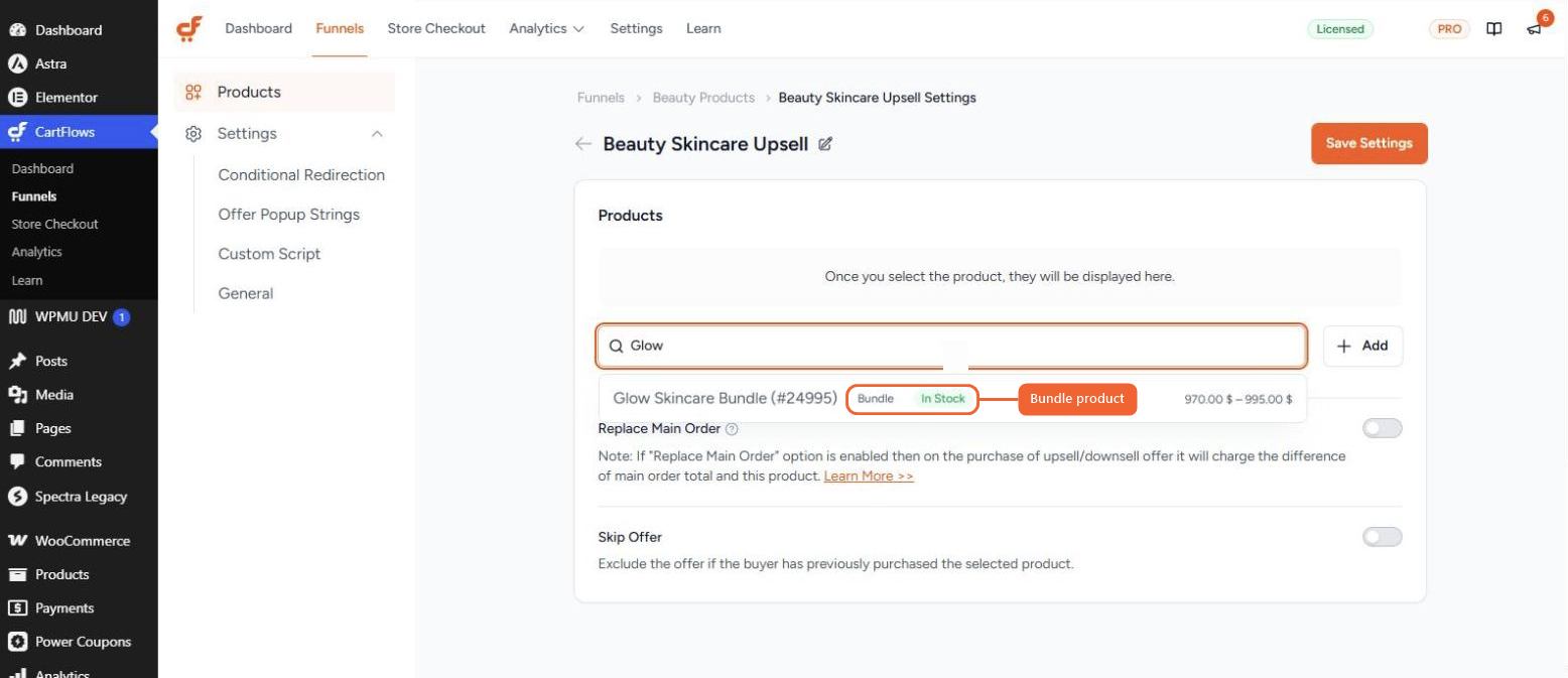 The Products section of an upsell step, with the search showing Glow Skincare Bundle labelled as a Bundle and In Stock