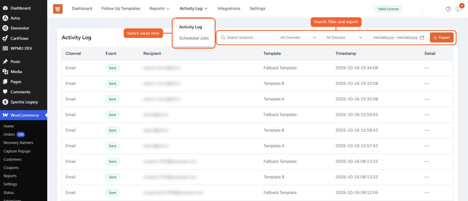 Activity Log page with the Activity Log menu open, filters and Export button