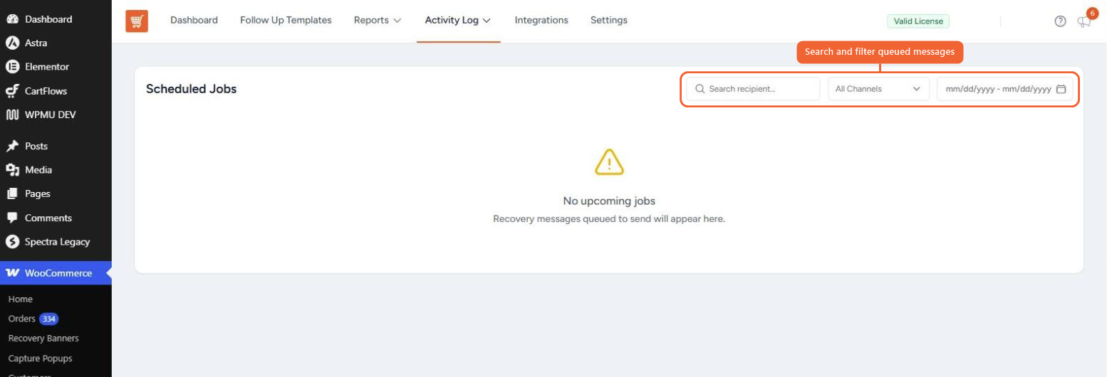 Scheduled Jobs view with search, channel and date filters