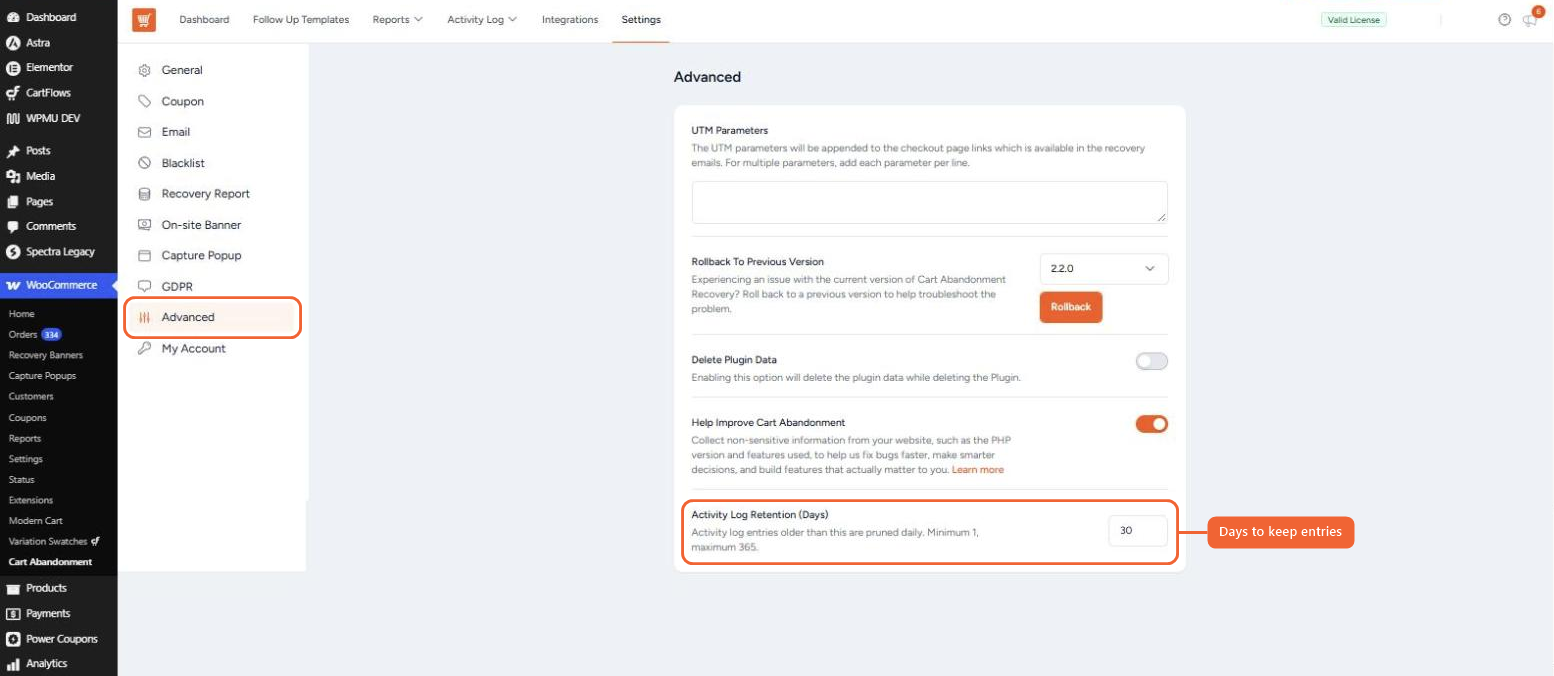 Activity Log Retention (Days) setting on the Advanced settings tab