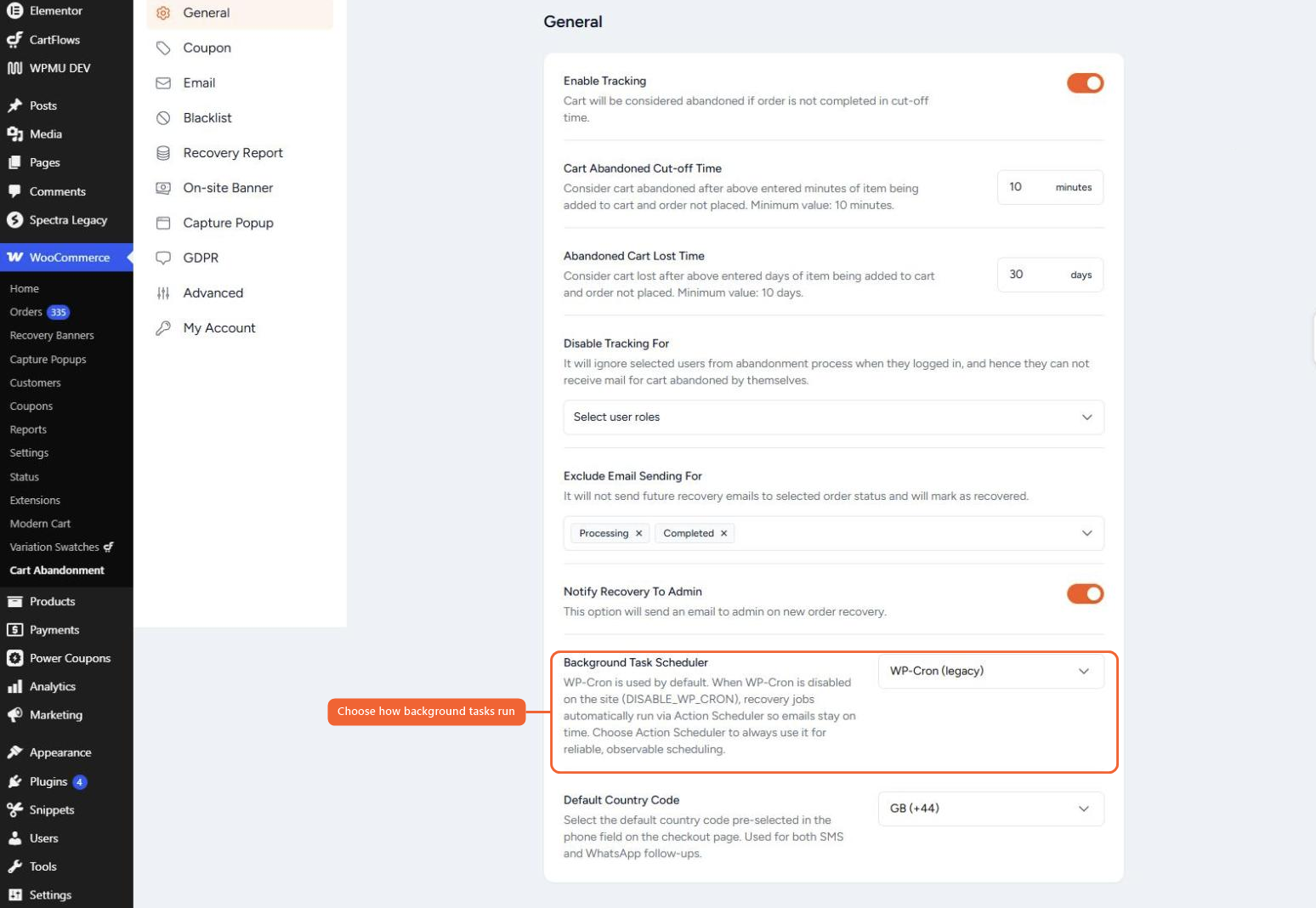 Background Task Scheduler setting on the General settings tab