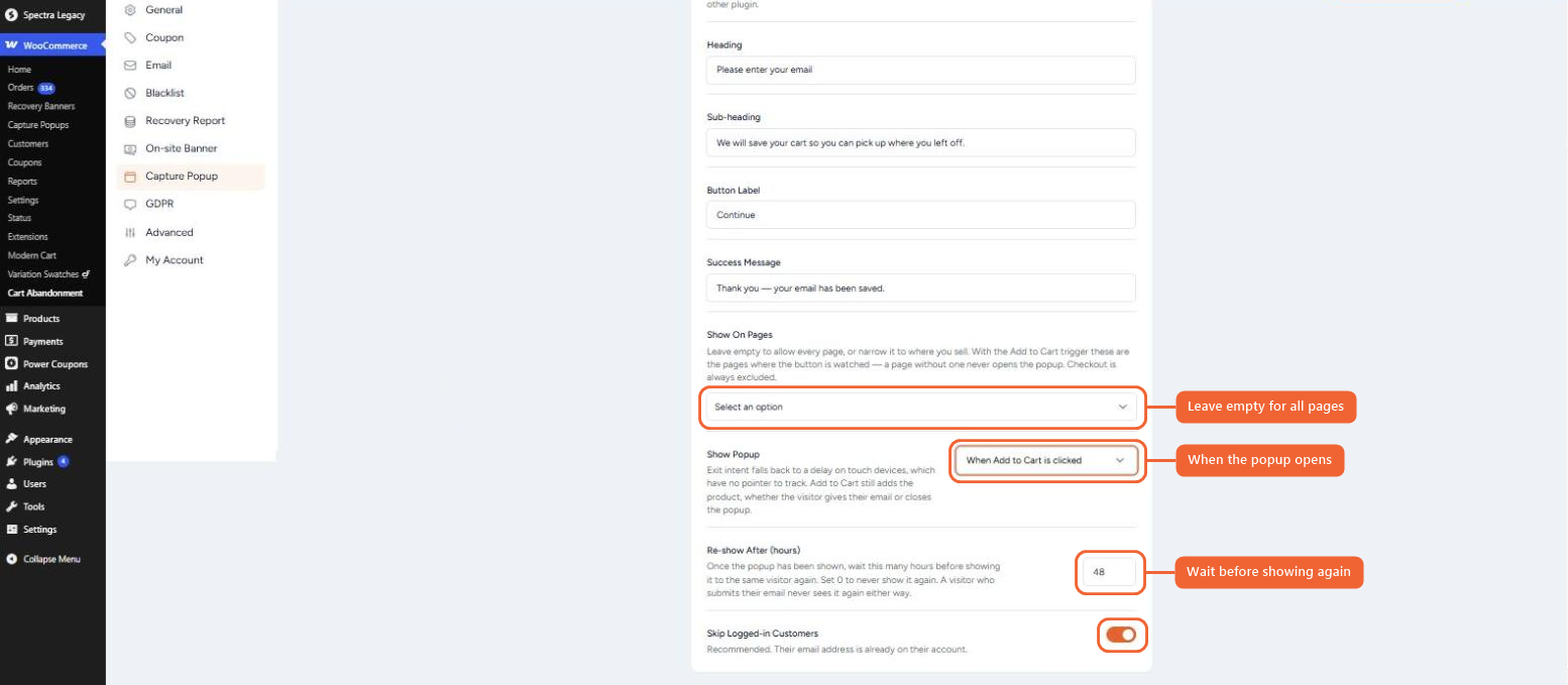 Capture Popup display settings: Show On Pages, Show Popup, Re-show After and Skip Logged-in Customers
