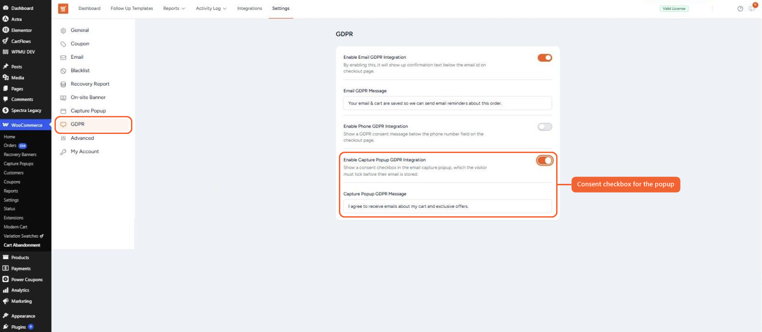 Enable Capture Popup GDPR Integration setting on the GDPR tab
