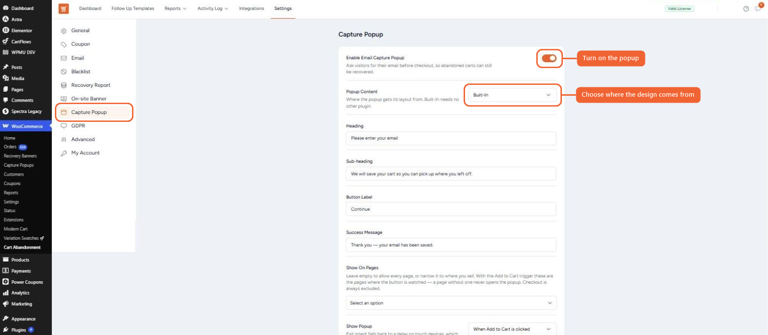 Capture Popup settings tab with the enable toggle and Popup Content options