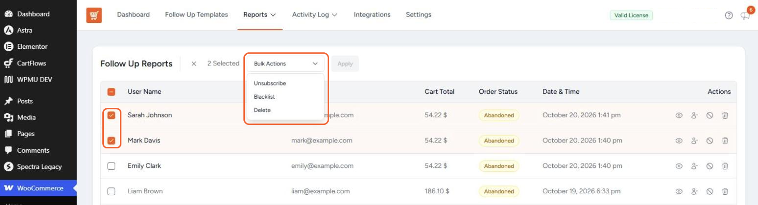Follow Up Reports with two carts selected and the Bulk Actions dropdown open