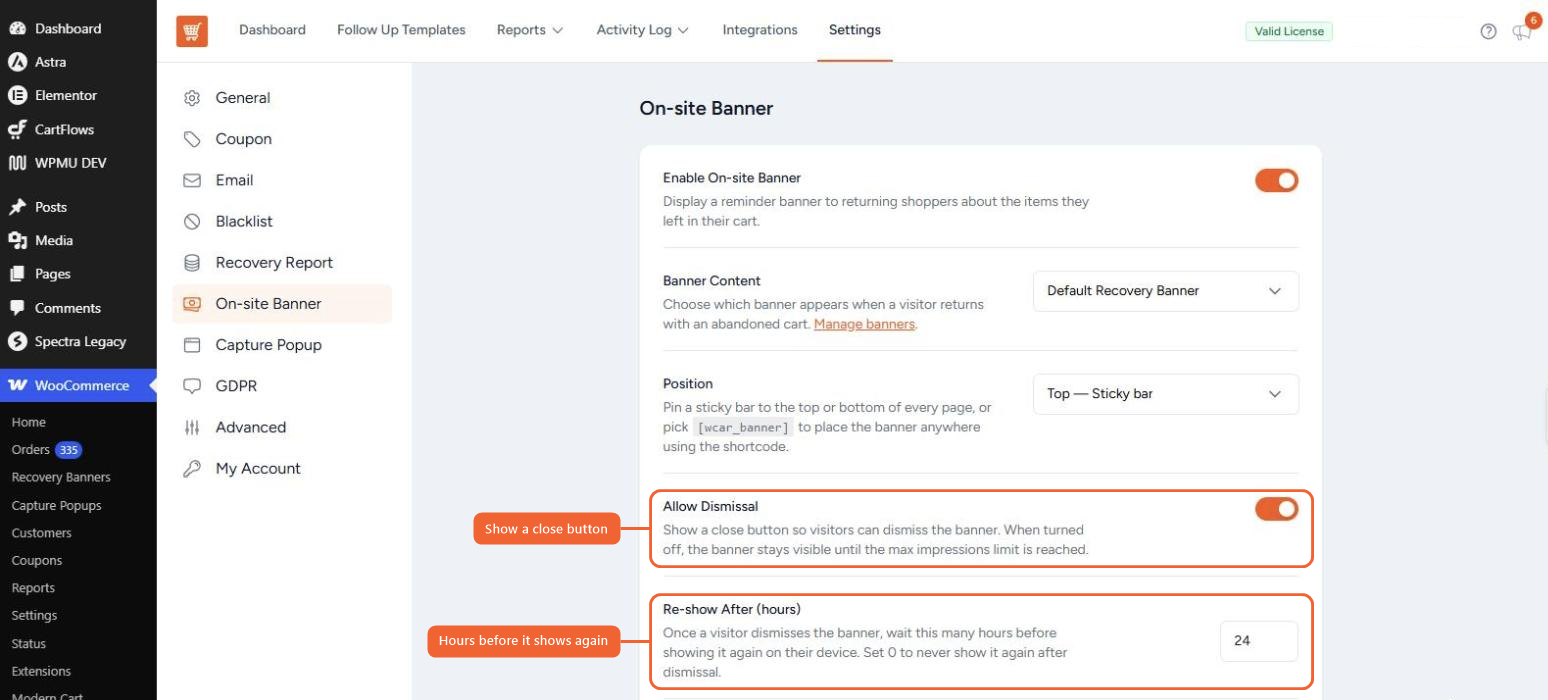 On-site Banner settings with Allow Dismissal and Re-show After highlighted