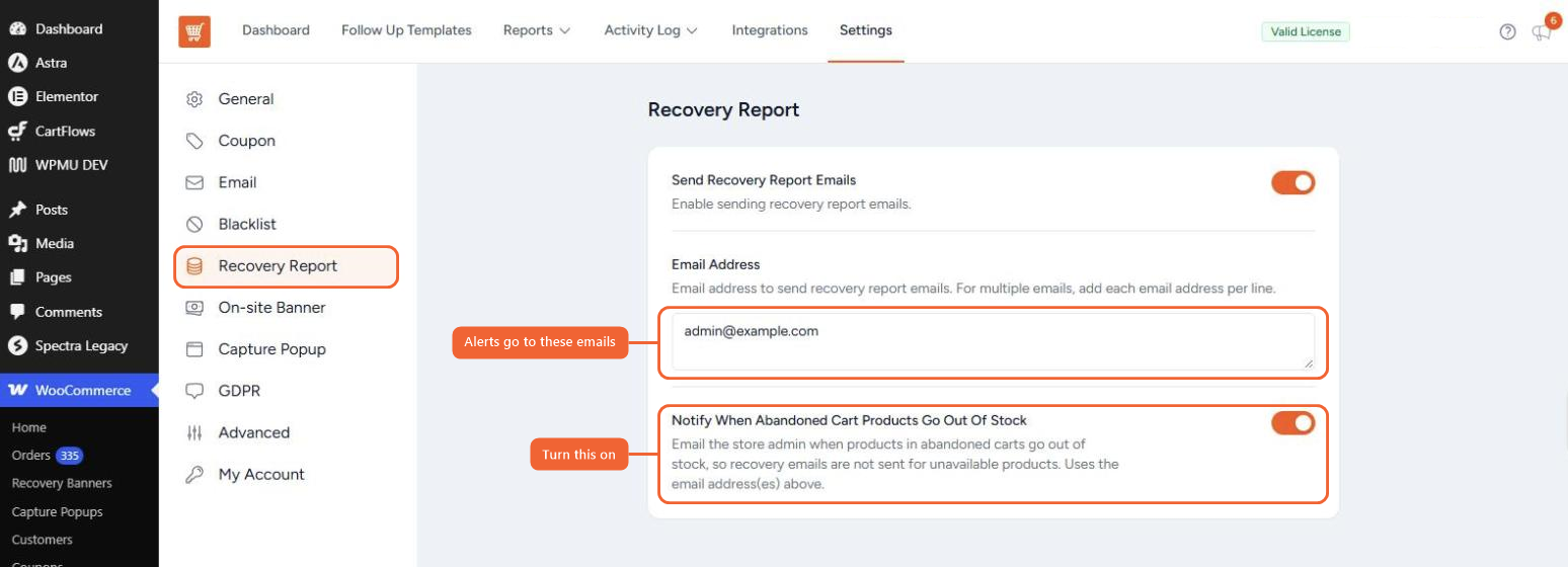 Recovery Report settings with the out-of-stock alert toggle turned on