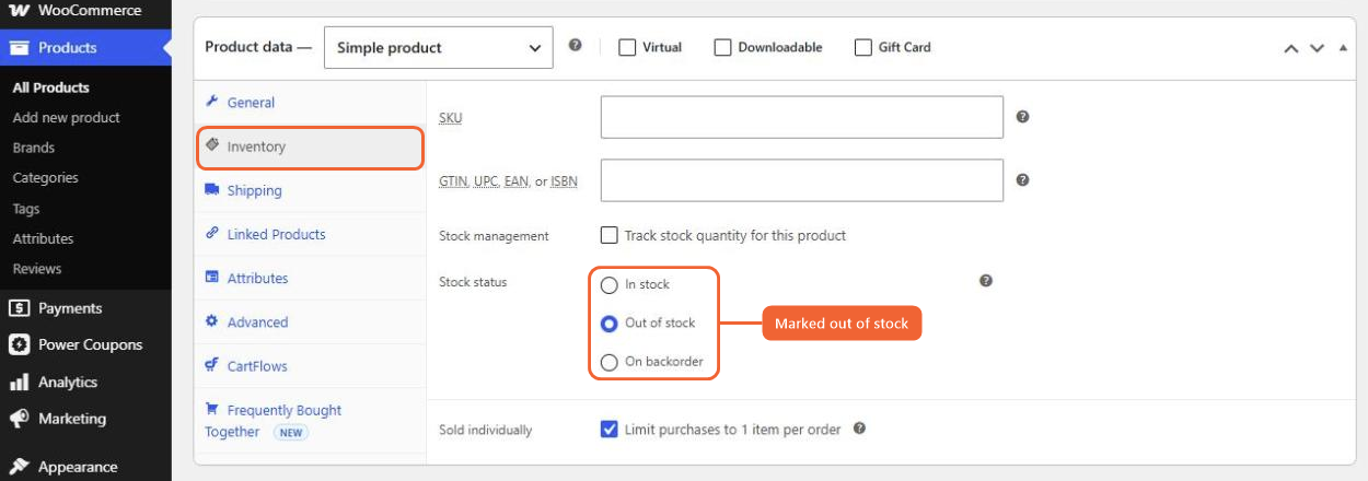 WooCommerce product Inventory tab with the stock status set to Out of stock
