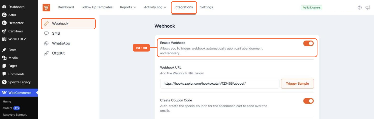 Integrations tab with Webhook selected and Enable Webhook turned on