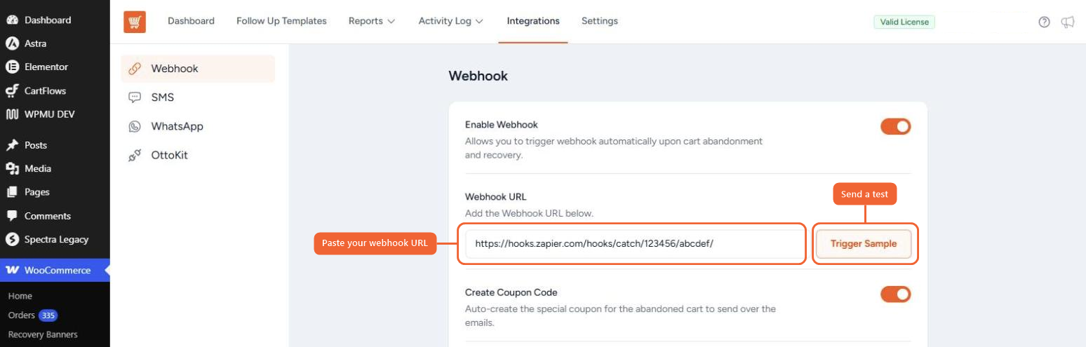 Webhook URL field with a Zapier URL and the Trigger Sample button