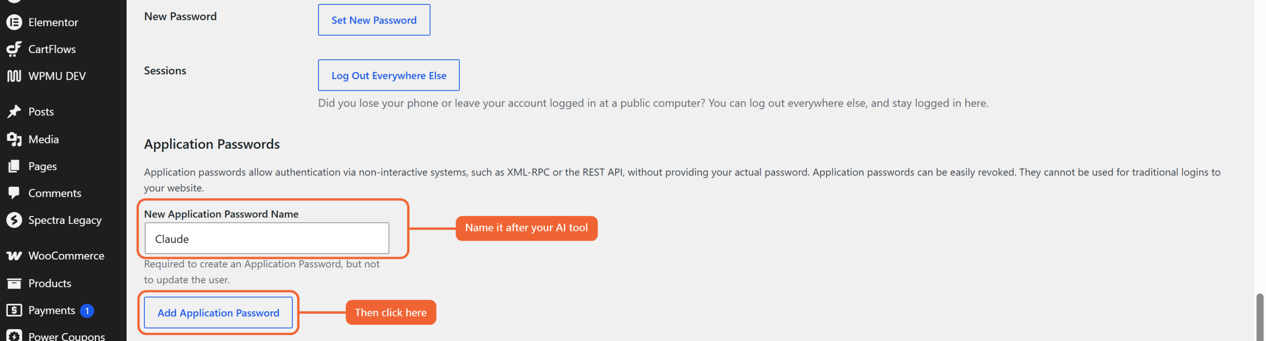 Application Passwords section in the WordPress user profile
